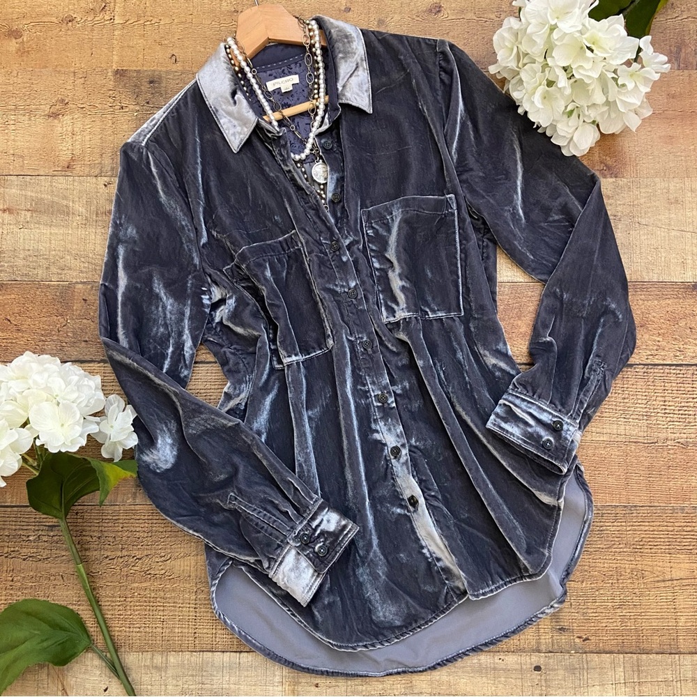 Pilcro Velvet Shirt in Silver Gray-Blue 💠 LIKE NEW Button Down - Picture 1 of 12